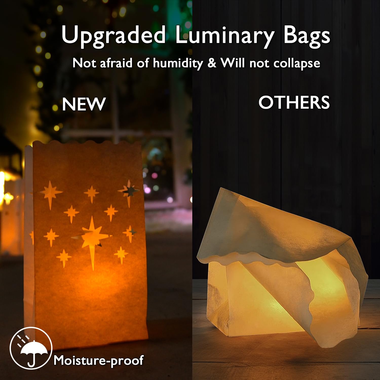 Homemory 50 Pcs White Luminary Bags, Upgraded Moisture-Proof Candle Bags, Stars Design Luminaries For Wedding, Party, Halloween, Thanksgiving, Christmas